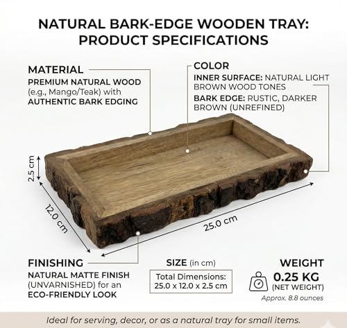 Image of Rustic Wooden Serving Tray with Natural Bark Edges | Handmade Solid Wood Tray | Multipurpose Snack, Tea & Decor Tray | Natural Brown Finish