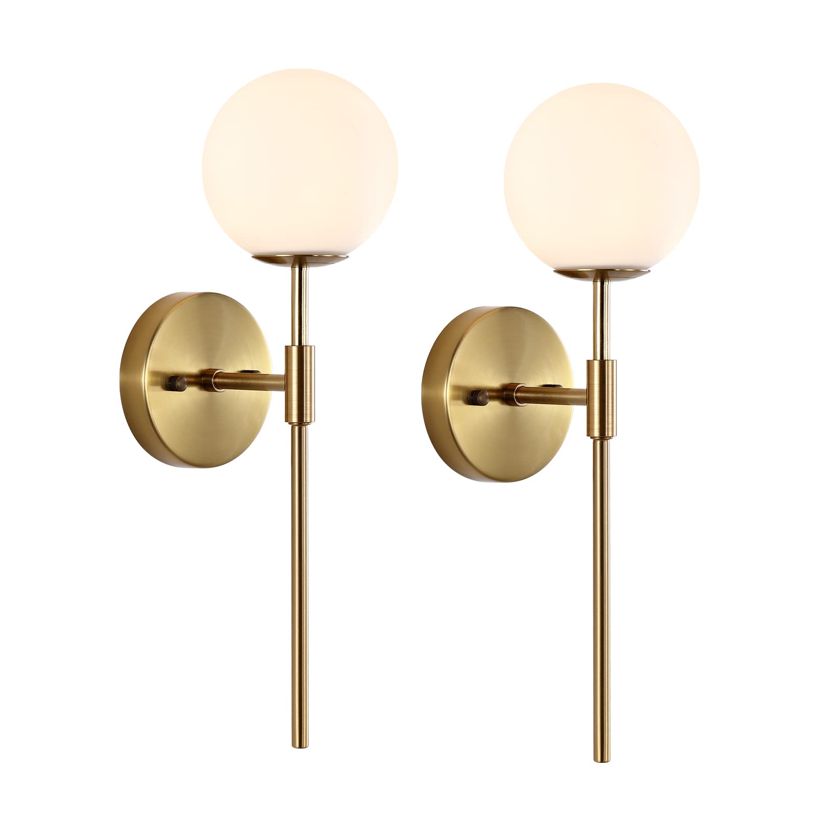 BYOLIIMA Gold Wall Sconce Set of 2 with White Globe Glass Shades Modern Mid Century Bathroom Vanity Wall Light Fixtures Industrial Brushed Brass Wall Lamp for Bedroom Mirror Living Room Restaurant