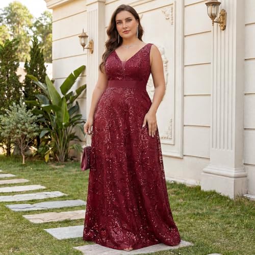 Image of Plus Size Formal Dresses for Women with Embroidery Sequin and V-Neck, A-Line Maxi Dress for Wedding and Cocktail