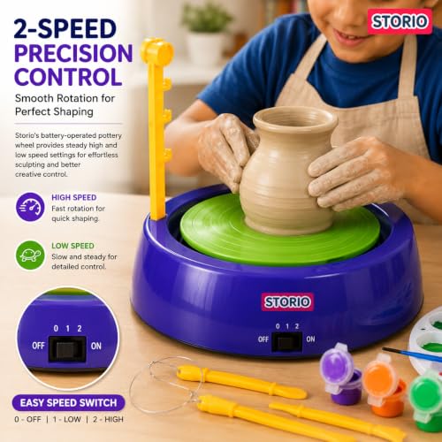 Image of Storio Kids Art & Craft Pottery Wheel Kit|DIY Battery Operated Pottery Making & Painting Set|Modeling Clay,Sculpting Tools & Paints|Creative Kit for Boys & Girls Age 5+|Indoor Outdoor Toy (Multi)
