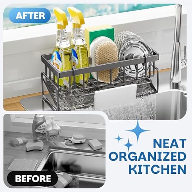 BREIS Kitchen Sink Caddy Organizer with Rag Holder,Self-Draining Sponge Holder for Countertop Soap Dispenser Organizers and Storage Essentials,Kitchen Decor and Accessories