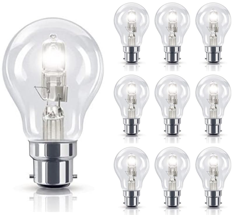 10 Pack 70W=(100W Eqv) Eco Classic B22, B22d, Bayonet Cap, Traditional Bulbs, 100% Dimmable, 1200 Lumen, 2700K Warm White, AC 230V, A19, Instant On, GLS Round