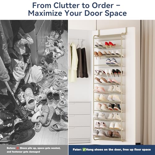 Image of Whitmor 36 Pair Over The Door Shoe Organizer, 12 Tier Hanging Shoe Organizer, Heavy Duty Metal & Mesh Shoe Holder, Hanging Shoe Rack for Closet Organizer & Storage, 74 inch L x 21.7 inch W x 7.5 inch H, Oat