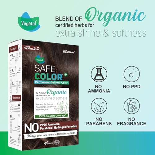 Image of Vegetal Safe Color Dark Brown 3.0, 70ml. (Pack of 2) Permanent Gel Hair Colour, Organic Herbs Blend, Chemical-Free, 100% Grey Coverage