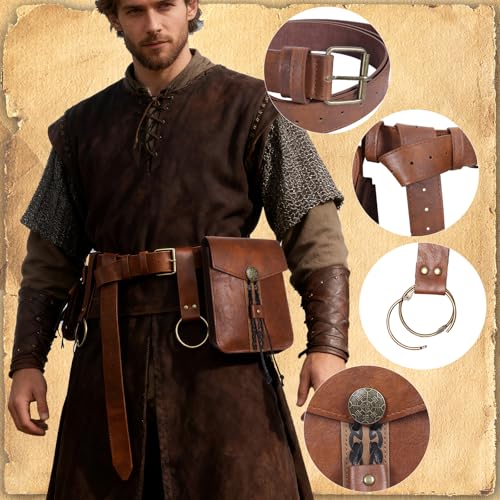 Image of Renaissance Pirate Belt Pouch with Coin Purse Skirt Hike Set | Medieval Viking Pirate Belt Pouch for Halloween Cosplay Ren Faire Accessories,Brown.