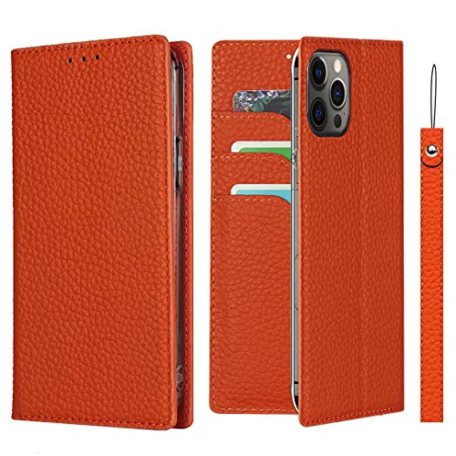 Étui portefeuille en cuir véritable iPhone 12 Pro orange chic