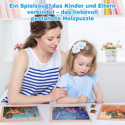 Wooderma Kinderpuzzle Dinosaurier, Dino Puzzle für Kinder ab 3 4 5 6 Jahre, Tier Holzpuzzle mit 4x24 Teilen, Montessori-Spielzeug, Lehrreiches Vorschulspielzeug, Geschenke für Jungen Mädchen