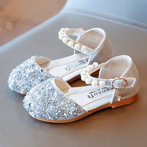 Girls White Dress Shoes Princess Low Shoes Dance Rhinestone Sandals Pumps Kids Little Heels Glitter Dress Sequins Girls (Silver-a, 30) 6