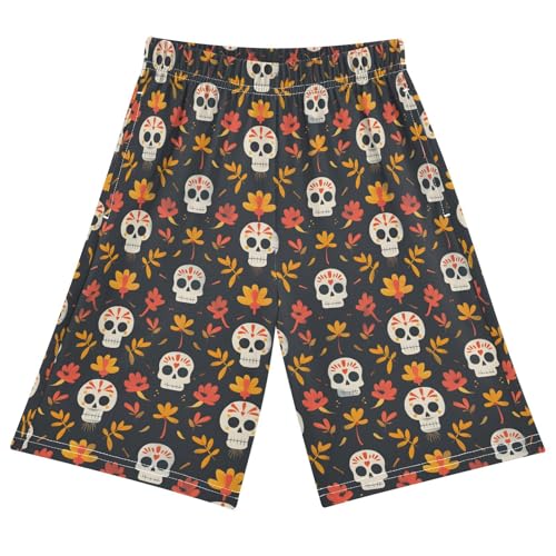 ALAZA Sugar Skull Yellow Flower Pajama Shorts Elastic Waist Casual Sleep Shorts with Pockets Size 6-14