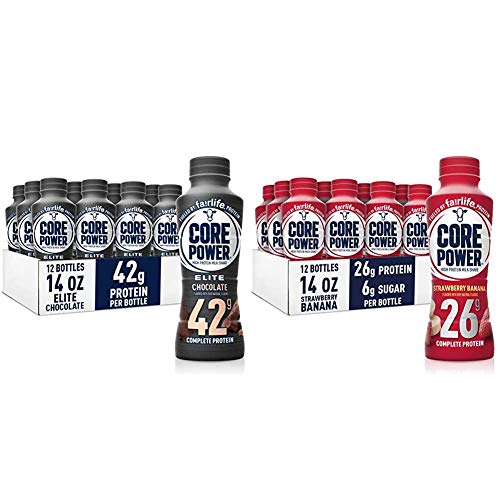 Core Power Elite High Protein Shakes (42g), chocolate, 14 fl oz Bottles (12 Pack) & Core Power fairlife Core Power High Protein Milk Shake, Strawberry banana, 14 Fl Oz (Pack of 12)