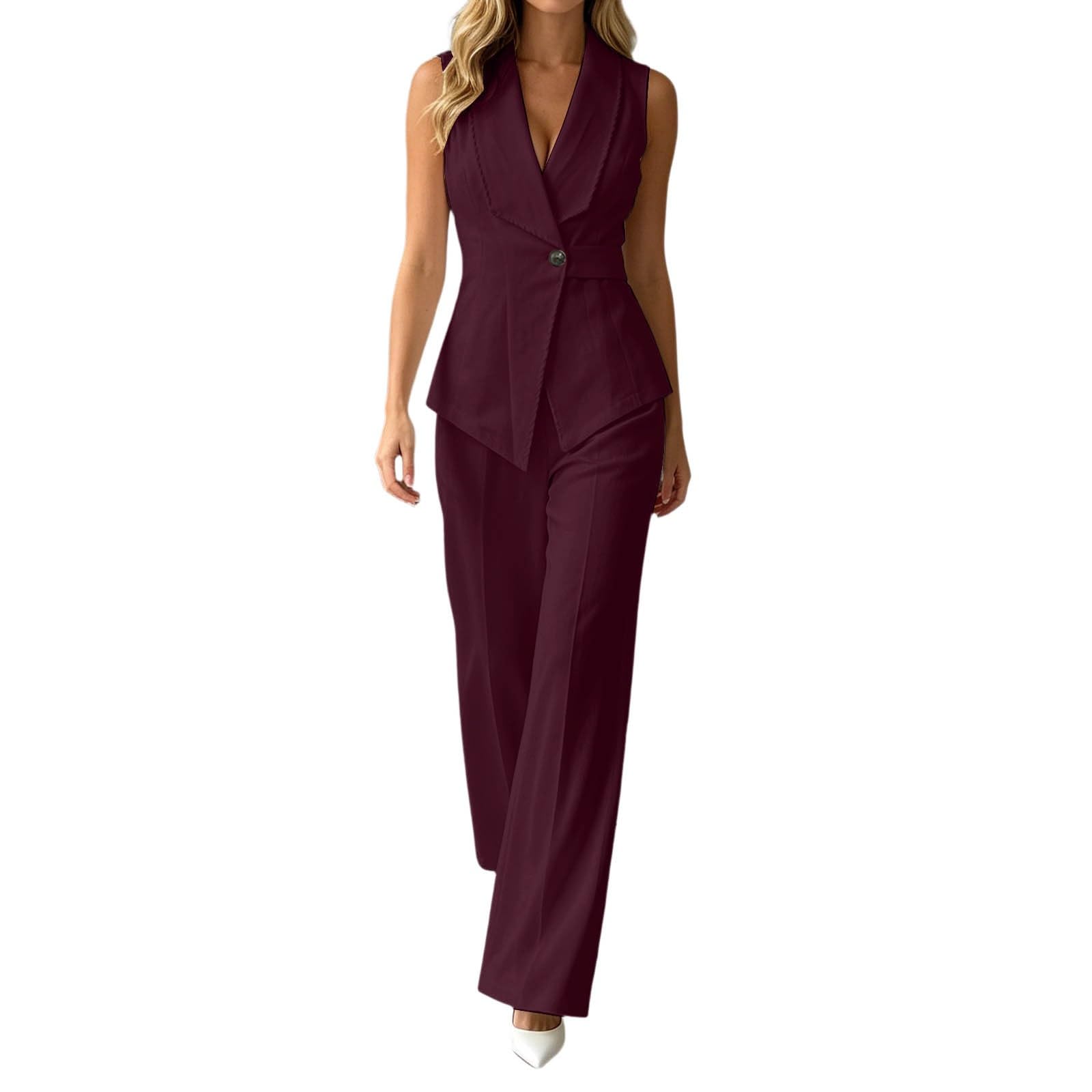 Generisch Tenue deux pièces d'été élégante pour femme, sans manches, pantalon droit, ensemble élégant pour le travail, décontracté, ligne aérée, tissu de qualité supérieure