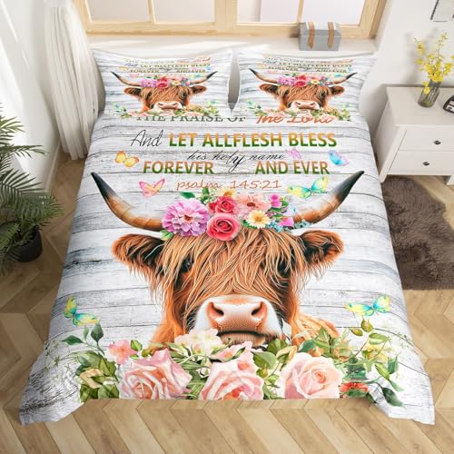 Feelyou Highland Cow Duvet Cover Set Rose Highland Cattle Bedding Set Kids Boys Girls Bull Cattle Comforter Cover Botanical Floral Quilt Cover 1 Duvet Cover with 2 Pillowcases King Size (No Comforter)