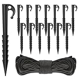 24 Packs Tent Stakes with 50-mteter Nylon Rope - Plastic Inflatable Stakes Set Ideal for Halloween Inflatable Yard Decor, Christmas & Garden Decorations Secure Fixing,Tent Anchors