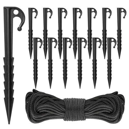 24 Packs Tent Stakes with 50-mteter Nylon Rope - Plastic Inflatable Stakes Set Ideal for Halloween Inflatable Yard Decor Christmas & Garden Decorations Secure Fixing Tent Anchors