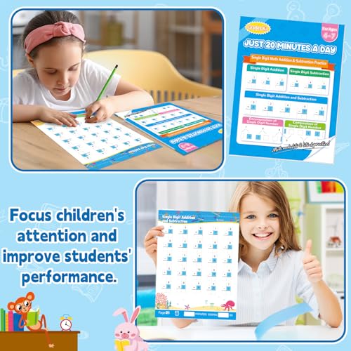 Image of Addition and Subtraction Practice Worksheets Single Digit Math Problem Workbook for Pre-Kindergarten, Kindergarten, and 1st Grade Students for Ages 3-7, 56 Pages Front and Back, 5 Question Types