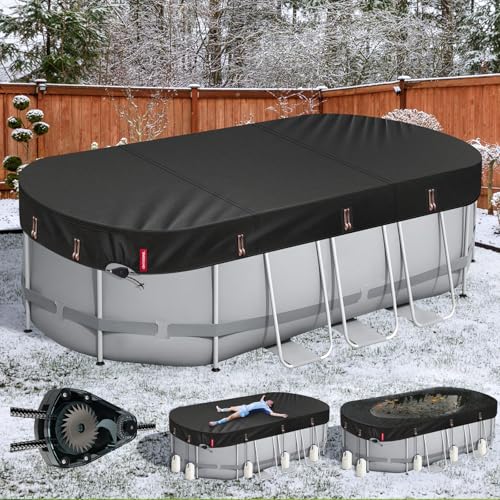 QH.Home Ovale Winter-Poolabdeckung für Bestway/Intex/Coleman Frame Oval Pool, [2025 verbessertes strapazierfähiges Gewebe, langlebig und ultimativ Winddicht] mit schnell anziehender Ratsche, kälte