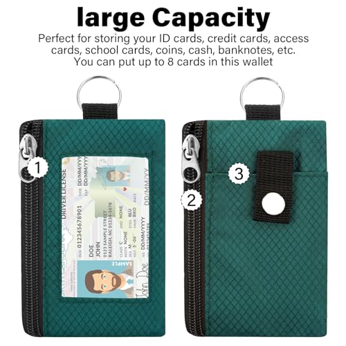 Image of Minimalist RFID Wallet with Lanyard, Multi-Functional ID Case with 2 Zipper Pockets and Key Chain for Men and Women, Tactical Badge Pouch Cards Holder, Coin Purse for Travel Sports-DarkGreen
