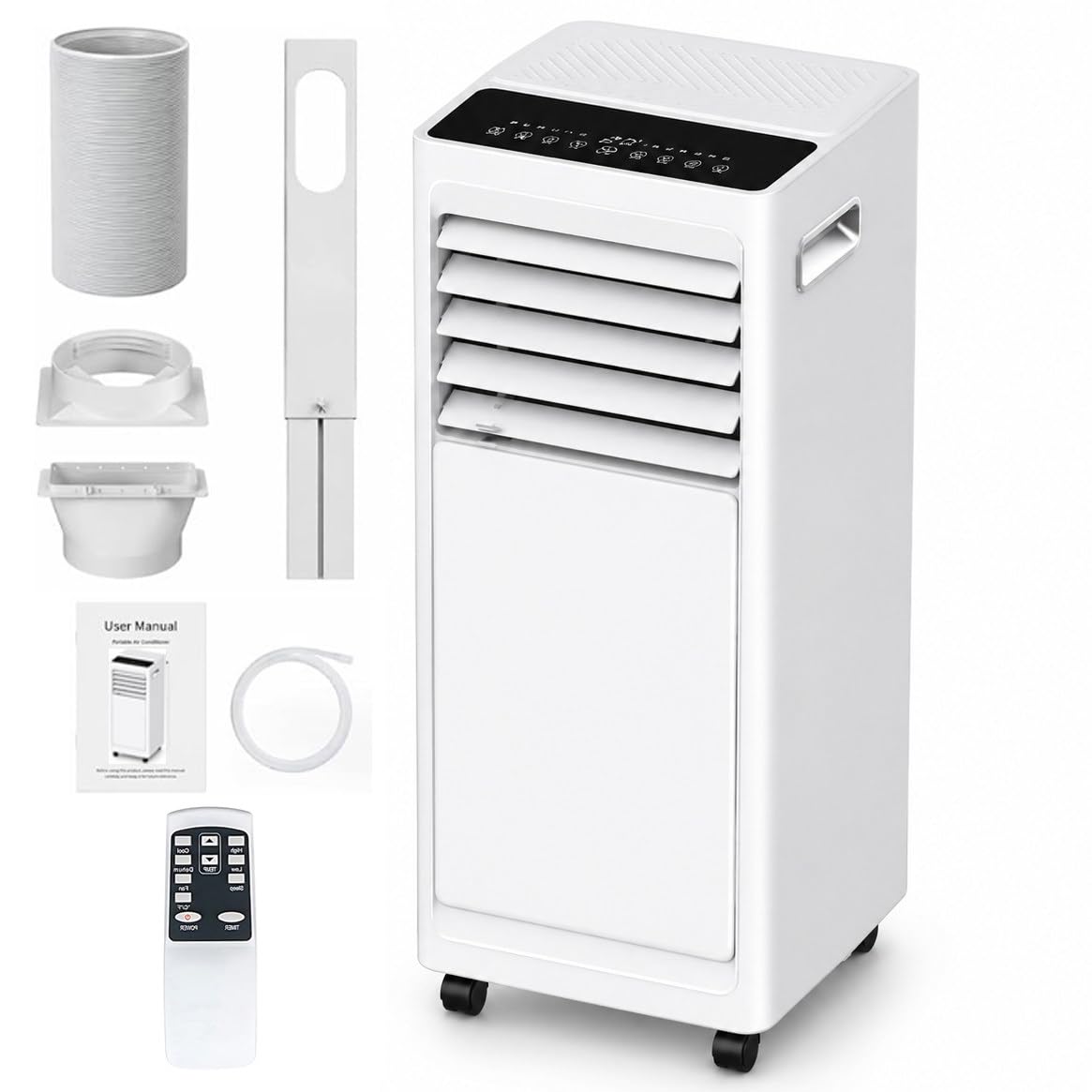 Climatizzatore Portatile 9000 BTU con Kit Finestra e Tubo di evacuazione, 3 in 1 con deumidificatore e Ventilatore, Doppio drenaggio, Filtro Lavabile, per stanze 8–12 m² e Ufficio