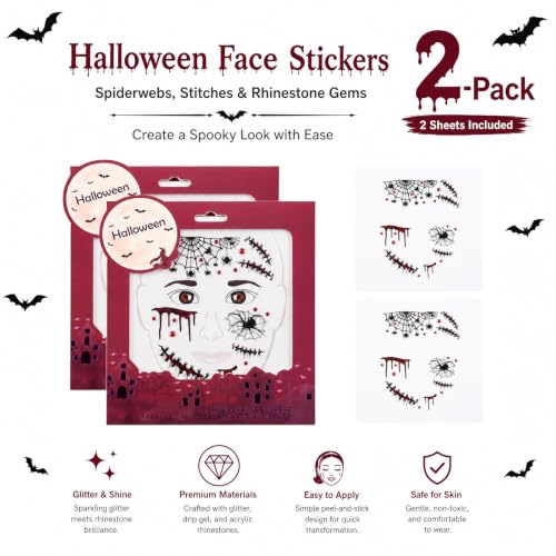 2 Sheets Halloween Face Stickers Halloween Face Tattoos for Women Men Kids - image 2