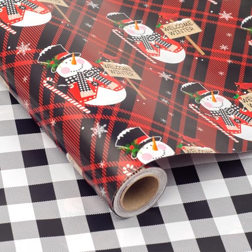 LDGOOAEL Mini Christmas Wrapping Paper Roll - Reversible Design (17 inches X 32.8 feet) - Buffalo Plaid Snowman for Small/Medium Gifts Xmas Party