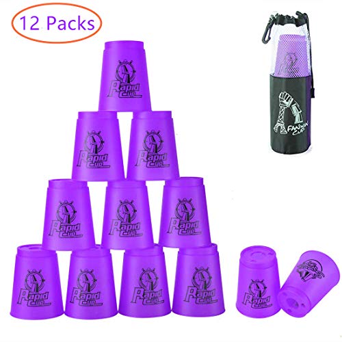 Kuiji Juego de 12 Tazas rápidas de apilamiento - Stacking Cups - Cup Stack Challenge con Tutoriales y Bolsa para Niños Adultos (5.3X9.5CM/2X3.7INCH, Morado)
