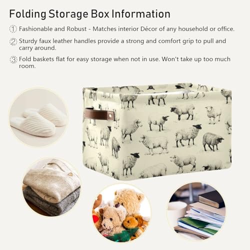 Image of Kigai Cute Sheep Storage Basket with Handles Waterproof Collapsible Storage Bin Canvas Fabric Basket Decorative Box Closet Organizer for Nursery Bedroom Office