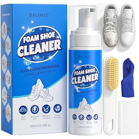BALORIZ Shoe Cleaner, 6.76 Oz White Sneaker Cleaner with Brush and Towel, No-Rinse Foam Shoe Cleaning Kit for White Shoes, Suede, Leather, Boots, Canvas Cover