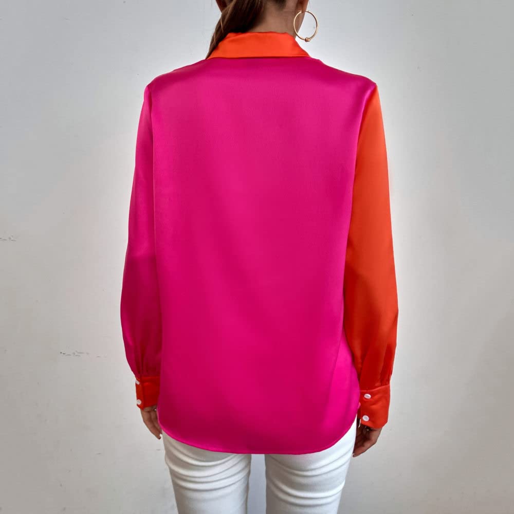Damen-Hemd Mit Knopfleiste,Damen Satin Bluse Shirt Rosa Langarm Vintage Mode Seidenhemden Business Hemd Mit Knopf Sexy Party Tops Casual Arbeit Büro Bluse Für Mädchen Damen