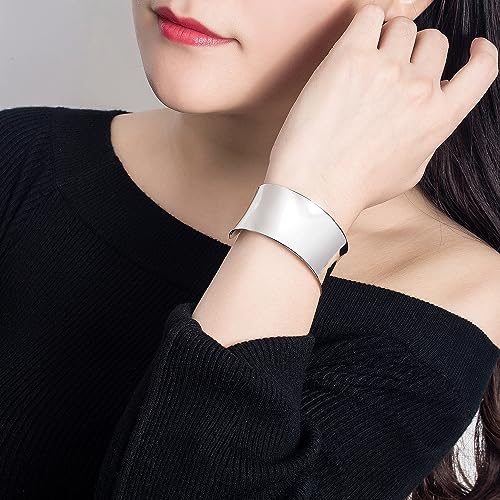 Women 925 Sterling Silver Curved Bangle 30MM Wide Grooved Cuff Bangle Shiny Punk Open Bracelet Adjustable Plated 24k Gold/Rose Gold Jewelry Gift4