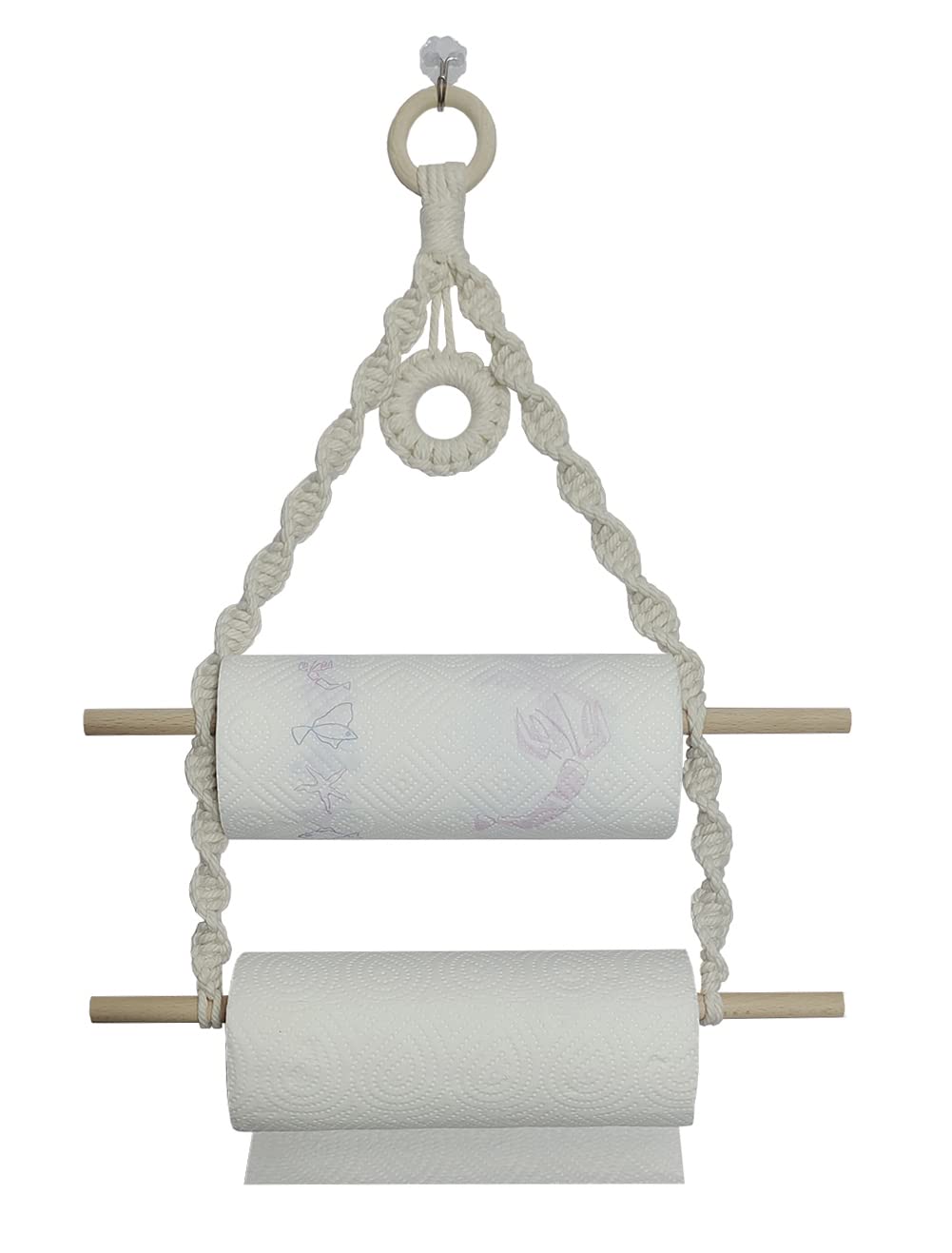 Simelecor Macrame Paper Towel Holder Wall Mount for Kitchen Bathroom-Boho Paper Towel Hanger Under Cabinet No Drill (White)