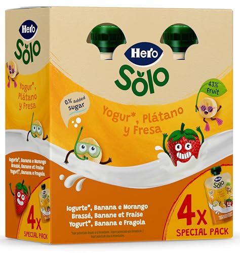 Hero Baby Mi Merienda Bolsitas de Yogurín con Plátano y Fresa - Para Bebés a Partir de los 12 Meses -Pack 4 x 100 g