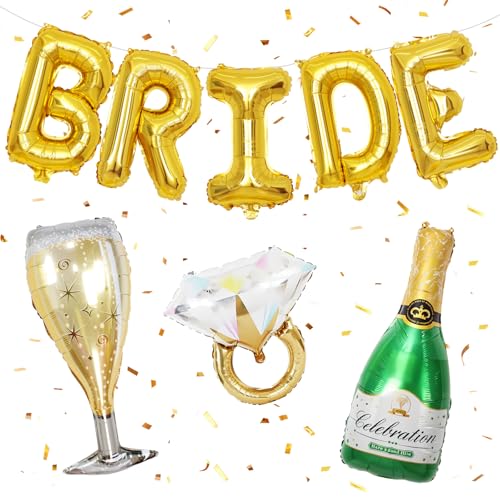 Image of 40inch Bride Balloons Gold Letters Banner, Bachelorette Party Decorations Set with Diamond Ring Champagne Bottle Balloon Glass Foil Balloon for Gold Bachelorette Engagement Wedding Bridal Shower Decor