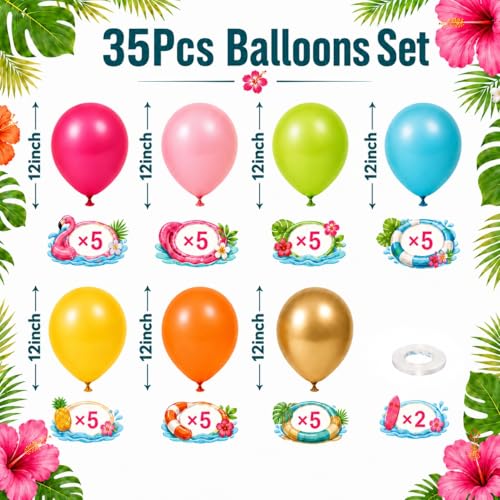 Image of Tropical Balloons, 12 Inch Hawaiian Balloons Teal Hot Pink Orange Yellow | Metallic Gold Balloons for Luau Aloha Hawaiian Beach Summer Birthday Pool Baby Shower Party Decorations