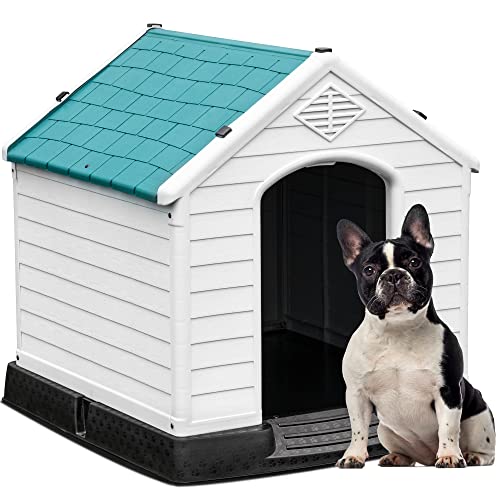 YITAHOME Plastic Dog House, Waterproof Indoor Outdoor Doghouse for Large or Small Dog, with Air Vents and Elevated Floor, Easy Assemble and Clean Blue