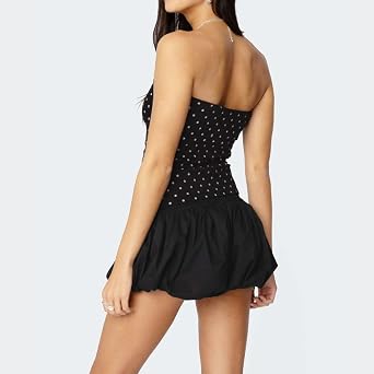 Women Y2k Polka Dot Strapless Tube Top Sexy Slim Fit Sleeveless Backless Contrast Color Ruched Bandeau Tank Top