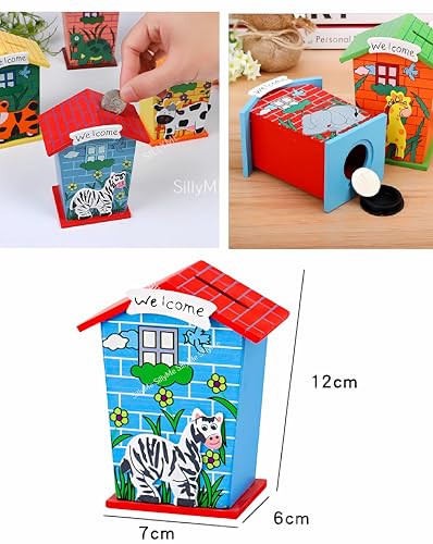 Image of 3pcs Wooden Piggy Banks - Return Gifts Birthday Party for Kids, Colourful Animal Hut Shaped Coin Banks - Return Gift for Kids Birthday Age 6-10 6-12