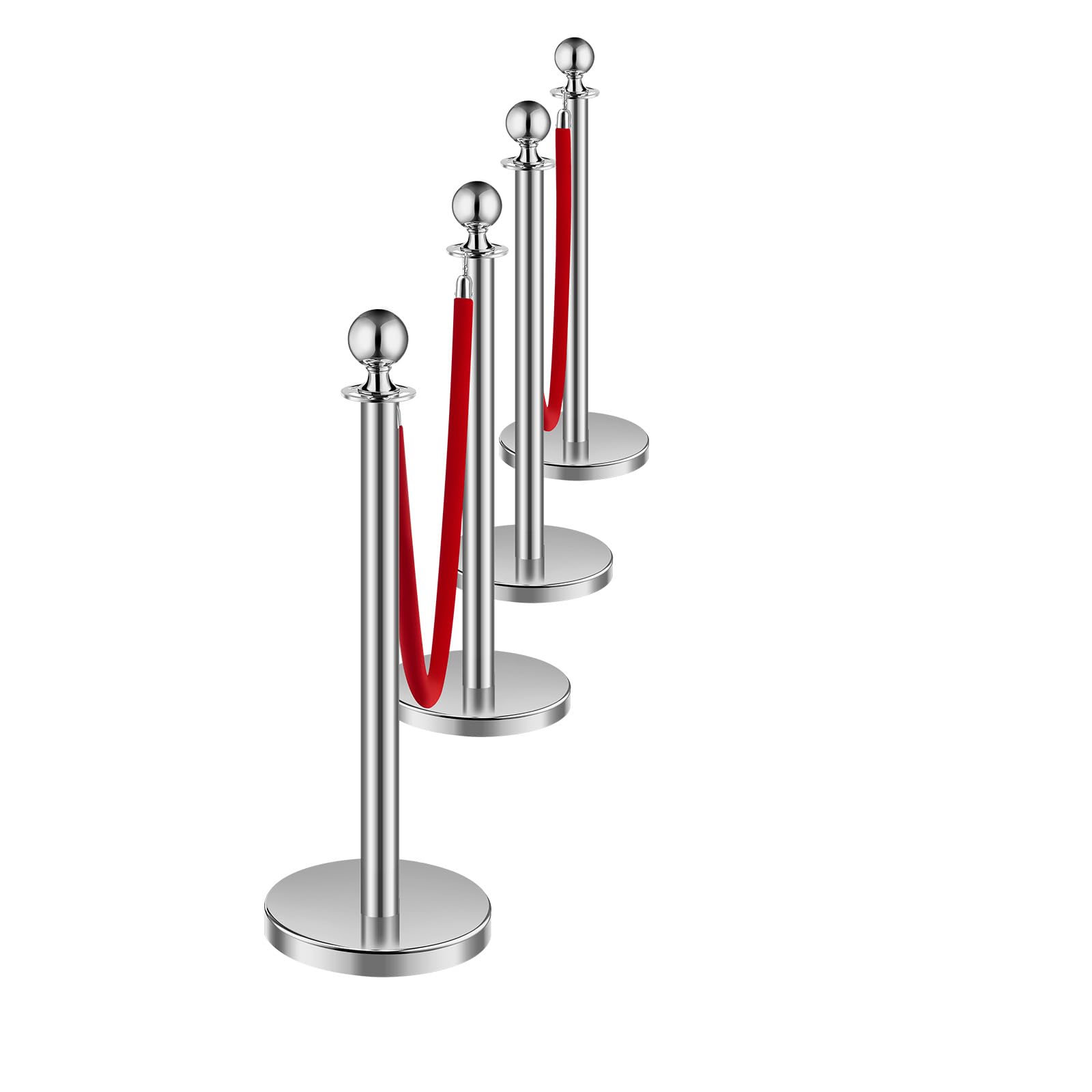 VEVOR Paletto di Sostegno Set di 4 Barriere Controllo Folla Corde Velluto Rosso Acciaio Inox 1,5 m Base Cava