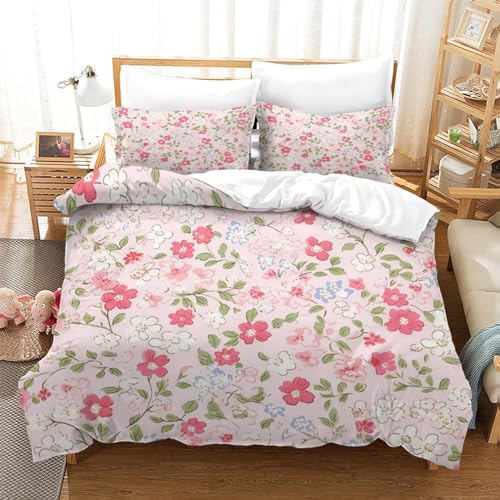 Funda nórdica de flores rosa y blanca cama doble con dos fundas de almohada de microfibra 3