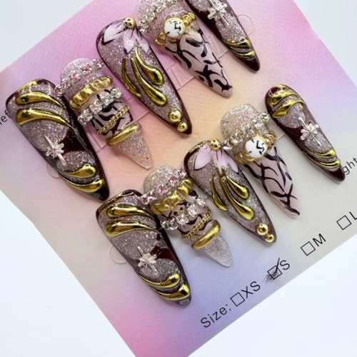 Handmade 3D Baroque Press-On Nails, Long Stiletto, Burgundy and Gold
