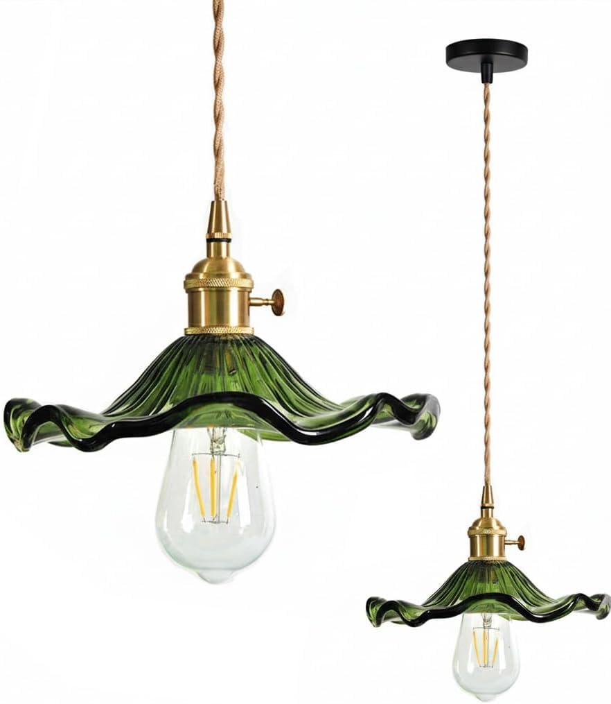 Lampa Wisząca Szklana E27 Zielony Klosz w Kształcie Liścia Lotosu z Przełącznikiem Retro Loft do Kuchni Jadalni Sypialni Kawiarni