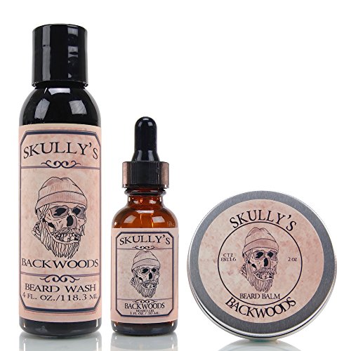 Beard Care Kit for Men - Beard Growth Oil, Beard Balm and Beard Wash for Men (Eucalyptus, Cedar Wood, Fir Needle and Dark Patchouli Scented) by Skully's Beard Oil