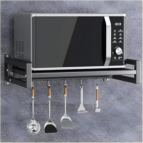 Image of REMANENCE Microwave Oven Stand Wall Mount Heavy Load Shelf Stand 4-Hooks Kitchen Wall Mounted Storage Organiser OTG Printer Shelf Fax Rack Black (1 Tier)