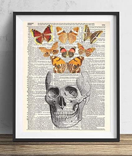 Skull, Skeleton Anatomy Vintage Dictionary Art Print, Modern Contemporary Wall Art for Home Decor, Boho Poster Sign 8x10 Inches, Unframed (Skull with Butterflies)