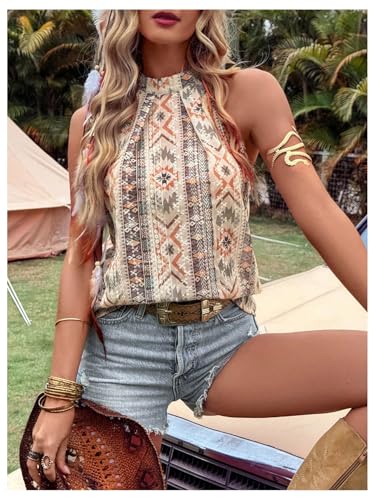 GORGLITTER Women's Western Halter Tops Boho Pleated Sleeveless Vintage Country Cowgirl Nashville Outfits 20254