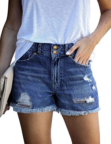 GRAPENT Women's Ripped High Waist Shorts Frayed Raw Hem Pockets Buttons Zipper Distressed Denim Jeans Shorts Dark Blue Size X-Large