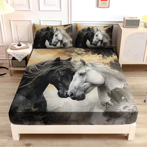 UEVBF Black White Horses Fitted Sheets Aesthetics Bedding Twin Size,Golden Ink Painting Flora Bedding Set for Kids Adults Boys Girls Bedroom Horse Decor,1 Fitted Sheet+2 Pillowcases.