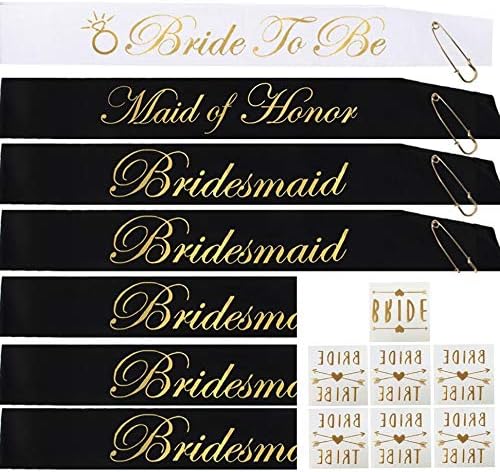 GEMICH Bachelorette Party SASH Set:(21 Piece) Bride to be sash,Maid of Honor sash,5 Bridesmaid sash/ Team Bride Free Bride Tattoos,7 Gold pins for Bridal Shower, ,Engagement Party Favors &Supplies