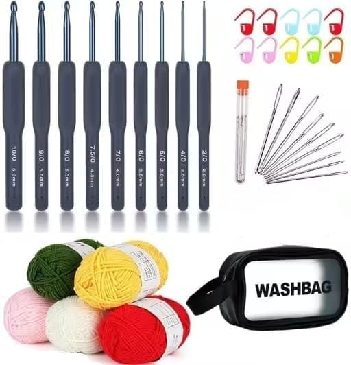 Image of VIRADHAM Crochet Kit for Beginners, 9-Piece Ergonomic Crochet Hooks Set with Yarn Balls, Stitch Markers, Plastic Needles & Scissors - Complete Knitting & Craft Starter Kit (Black Hook Soy+Yarn)