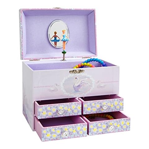 Jewelkeeper Stars and Swans Large Musical Ballerina Jewellery Storage Box with 4 Pull-out Drawers, Girl's Jewel Box, Swan Lake Tune Cover