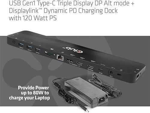 Miniatura 6 de Club 3D CSV-1566 USB Gen1 Tipo-C Triple Pantalla DP Modo Alt Displaylink Dynamic PD Dock de carga con 120 vatios PS